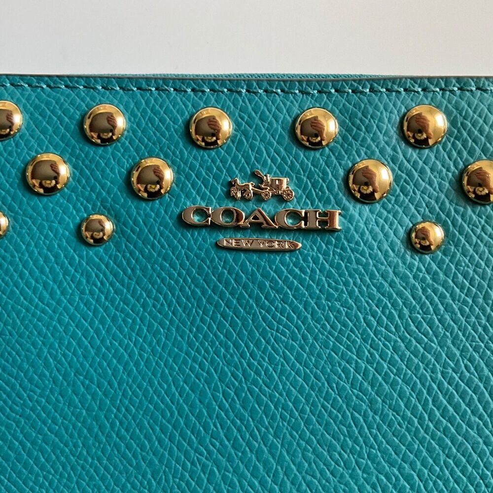 Coach Studded Accordion Zip Wallet Cadet Blue Crossgrain Leather Gold Hardware - Picture 3 of 12
